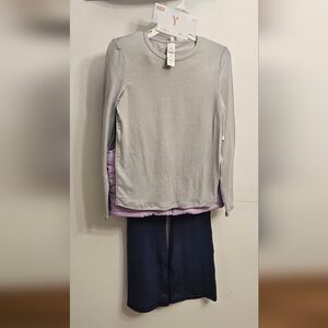 Gray Long Sleeve Top with Navy Pants
